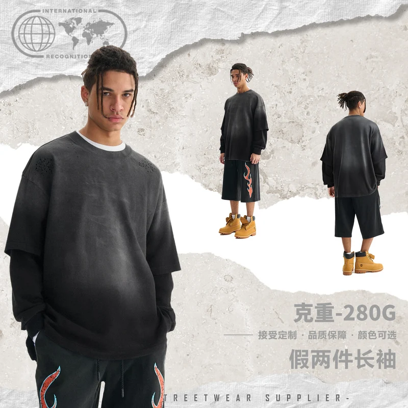 Herren Layered-Langarmshirt mit doppellagigen Ärmeln, verwaschener Vintage-Waschung und dezenten Ausfransungen Nord Taschen