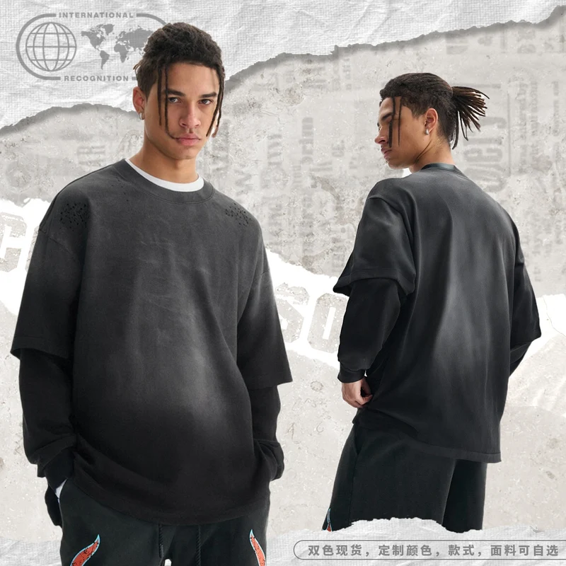 Herren Layered-Langarmshirt mit doppellagigen Ärmeln, verwaschener Vintage-Waschung und dezenten Ausfransungen Nord Taschen
