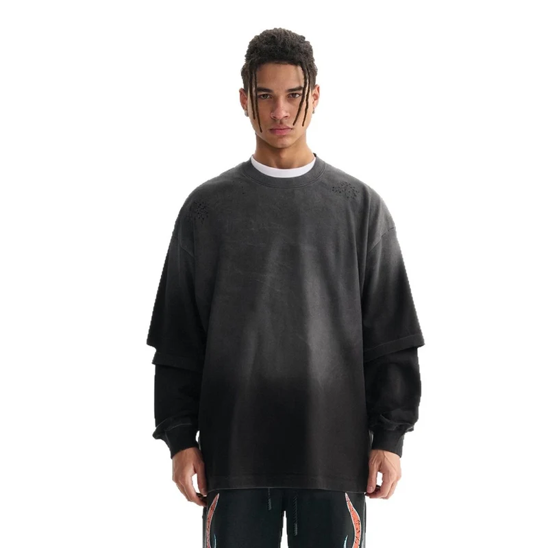 Herren Layered-Langarmshirt mit doppellagigen Ärmeln, verwaschener Vintage-Waschung und dezenten Ausfransungen Nord Taschen