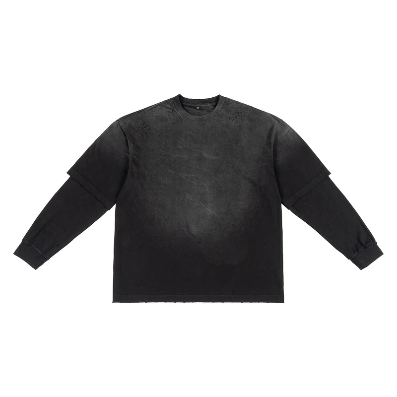 Herren Layered-Langarmshirt mit doppellagigen Ärmeln, verwaschener Vintage-Waschung und dezenten Ausfransungen Nord Taschen