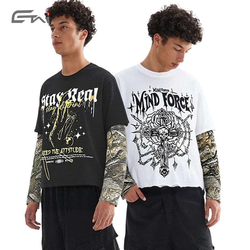 Herren Lagen-Langarm-T-Shirt mit Camouflage-Innensärmeln und Gothic-Print Nord Taschen