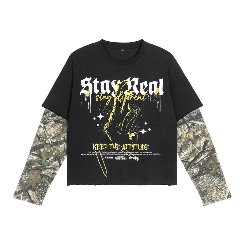 Herren Lagen-Langarm-T-Shirt mit Camouflage-Innensärmeln und Gothic-Print Nord Taschen
