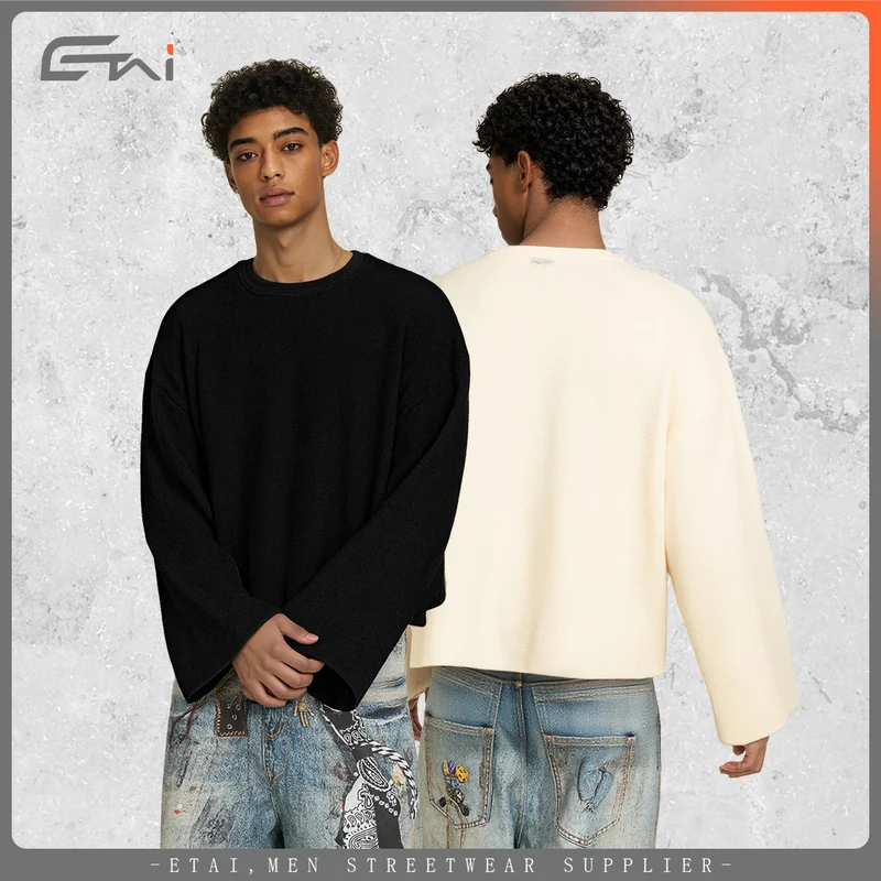Herren Boxy Waffelstrick-Pullover mit Oversize-Schnitt und Rundhalsausschnitt Nord Taschen