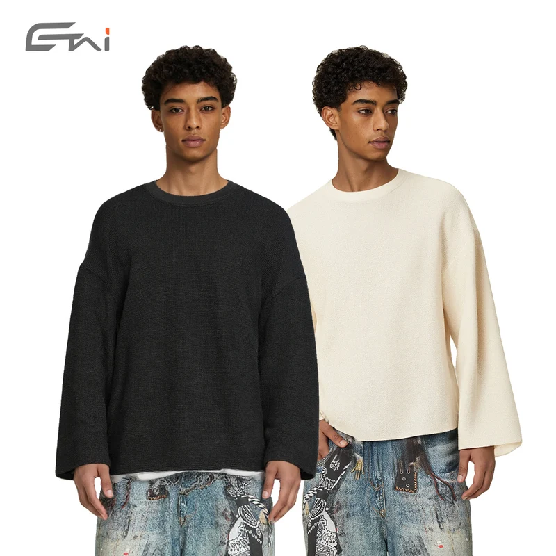 Herren Boxy Waffelstrick-Pullover mit Oversize-Schnitt und Rundhalsausschnitt Nord Taschen
