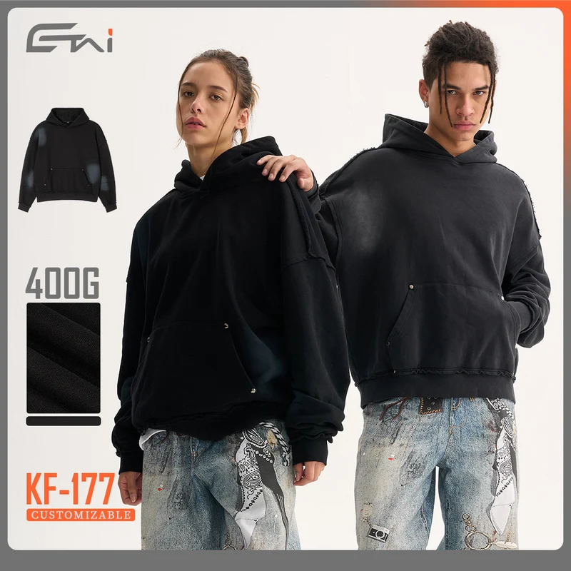 Herren Boxy-Kapuzenpullover mit abgenutztem Saum, Nieten-Kängurutasche und verwaschenem Fleckeneffekt Nord Taschen