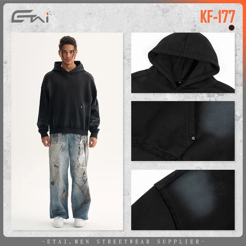 Herren Boxy-Kapuzenpullover mit abgenutztem Saum, Nieten-Kängurutasche und verwaschenem Fleckeneffekt Nord Taschen