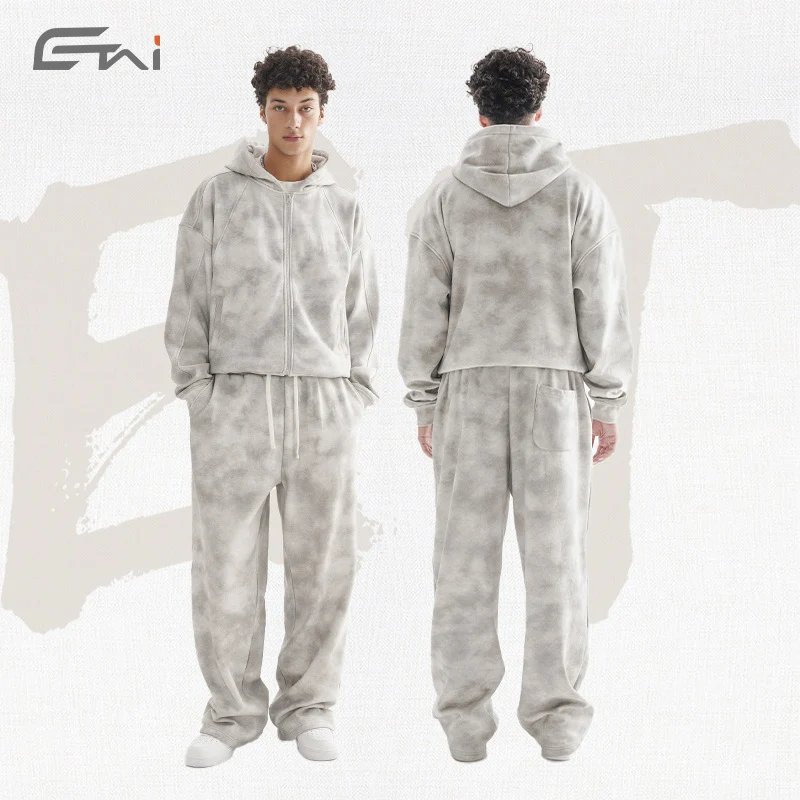 Damen Loungewear-Set aus French-Terry mit Cropped-Reißverschluss-Hoodie und weit geschnittener Sweatpant Nord Taschen
