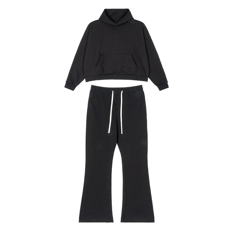 Damen Cropped-Kapuzenpullover und ausgestellte Sweathose Lounge-Set aus French-Terry Nord Taschen
