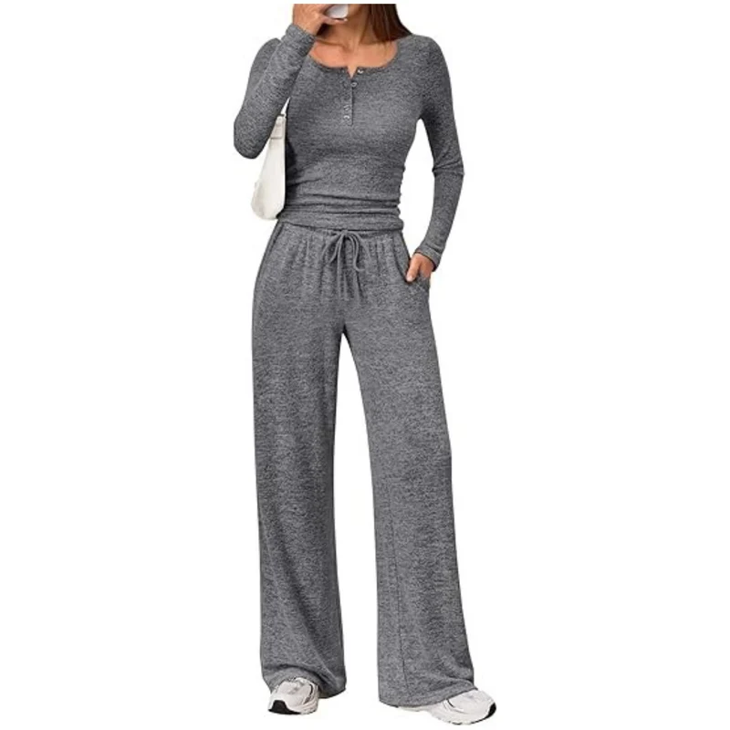 Damen Zweiteiliges Lounge-Set mit Henley-Top und weitem Jogginghose Schnitt Nord Taschen