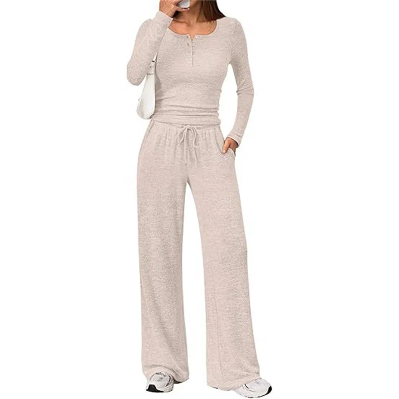 Damen Zweiteiliges Lounge-Set mit Henley-Top und weitem Jogginghose Schnitt Nord Taschen