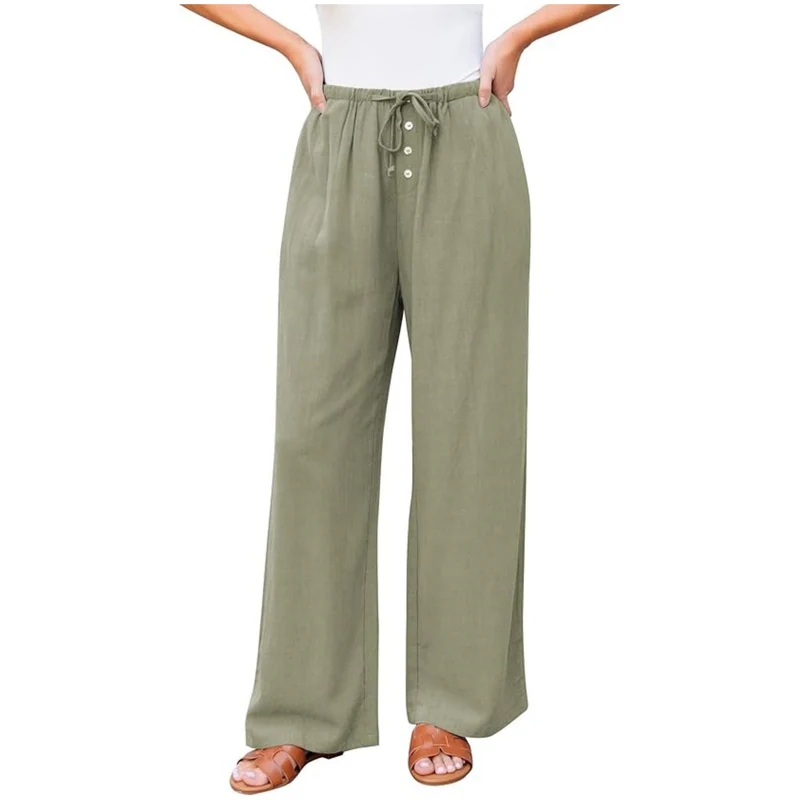 Damen weite Leinenhose mit elastischem Bund, Kordelzug und Knopfleiste Nord Taschen