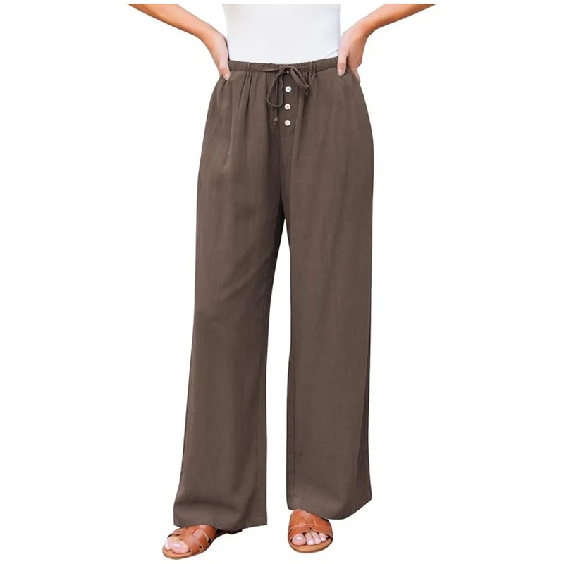 Damen weite Leinenhose mit elastischem Bund, Kordelzug und Knopfleiste Nord Taschen