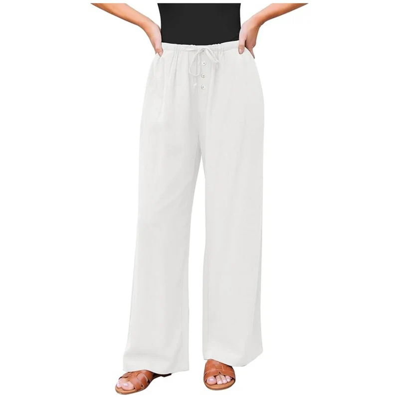 Damen weite Leinenhose mit elastischem Bund, Kordelzug und Knopfleiste Nord Taschen