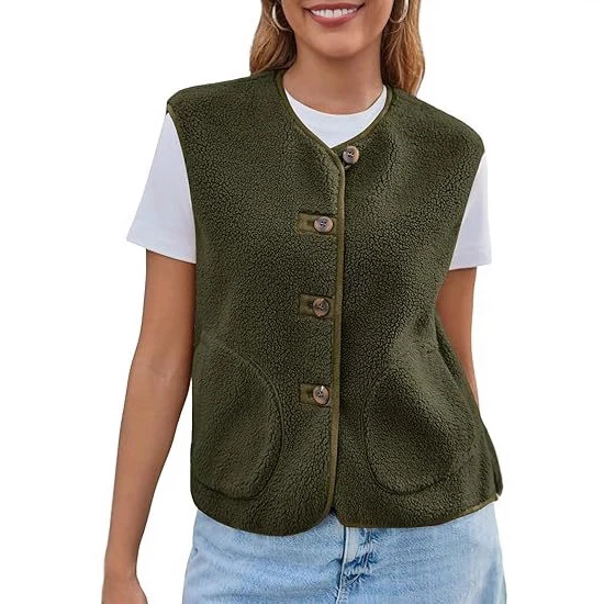 Damen Teddy-Fleece-Weste mit Rundhalsausschnitt und Knopfverschluss Nord Taschen