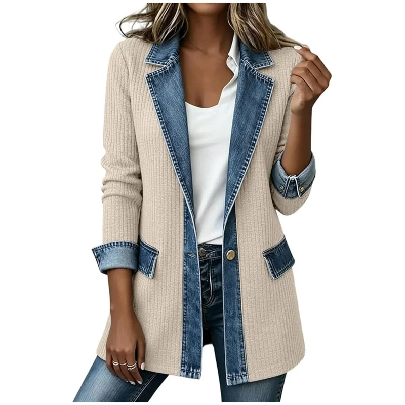 Damen Strickblazer mit Jeansbesatz und tailliertem Schnitt Nord Taschen