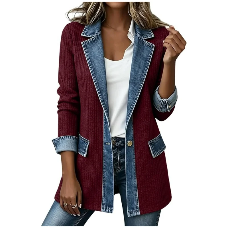 Damen Strickblazer mit Jeansbesatz und tailliertem Schnitt Nord Taschen