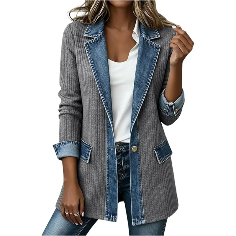Damen Strickblazer mit Jeansbesatz und tailliertem Schnitt Nord Taschen