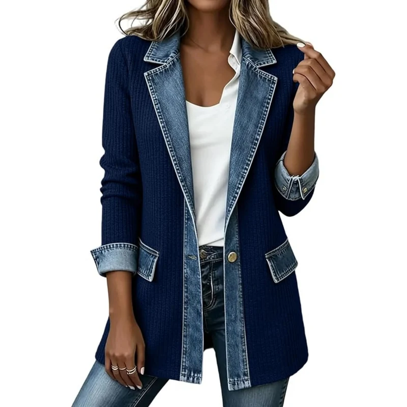 Damen Strickblazer mit Jeansbesatz und tailliertem Schnitt Nord Taschen