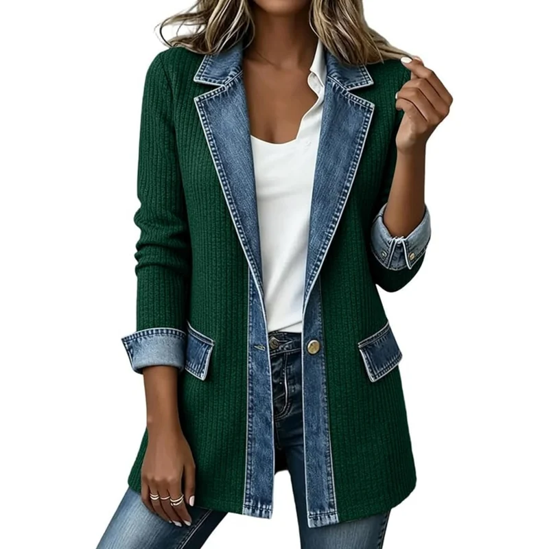 Damen Strickblazer mit Jeansbesatz und tailliertem Schnitt Nord Taschen