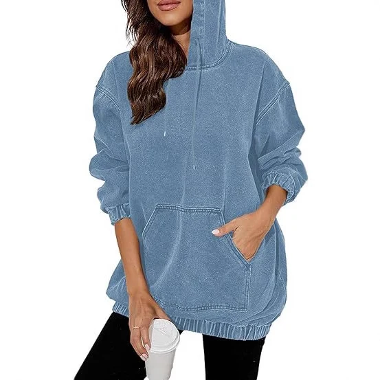 Damen Oversized Kapuzenpullover im Denim‑Look mit Kängurutasche Nord Taschen