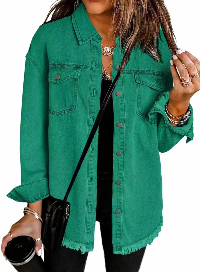 Damen Oversize Jeanshemdjacke mit Fransen und Brusttaschen Nord Taschen