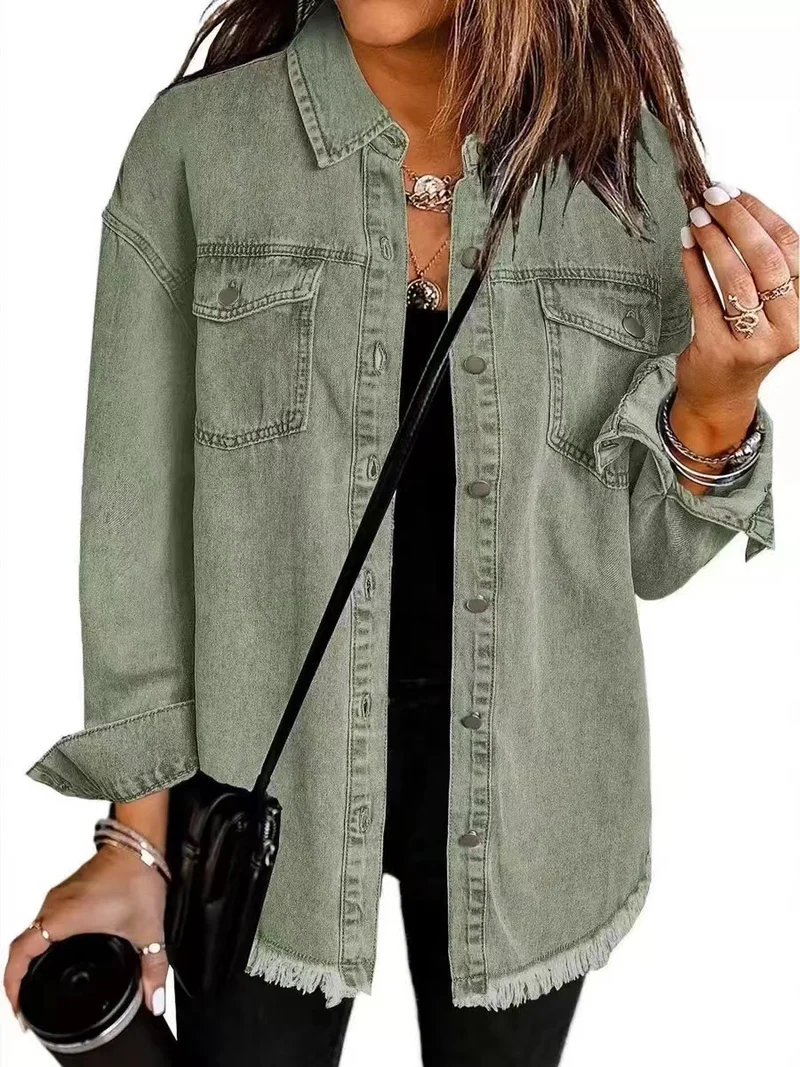 Damen Oversize Jeanshemdjacke mit Fransen und Brusttaschen Nord Taschen