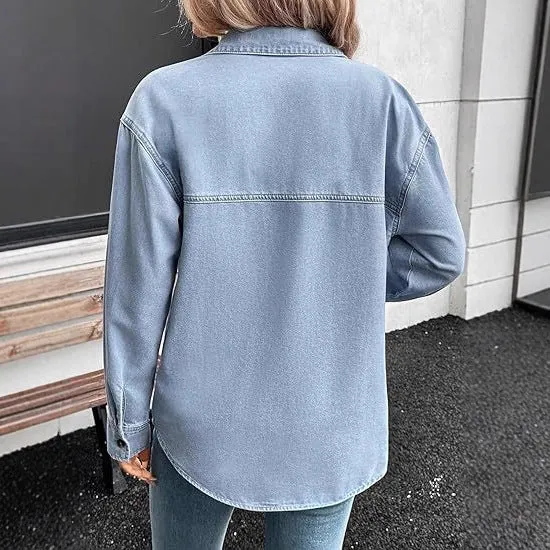 Damen Oversize Jeanshemdjacke im Washed-Look mit Brusttaschen und durchgehender Knopfleiste Nord Taschen