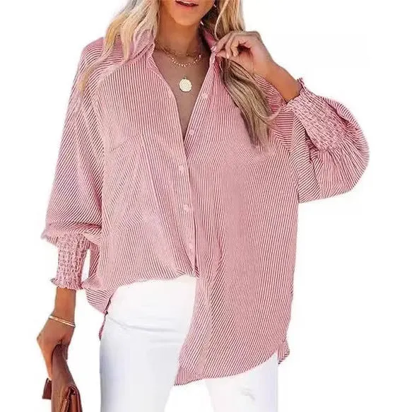 Damen Oversize-gestreifte Leinenoptik-Bluse mit Smokbündchen Nord Taschen