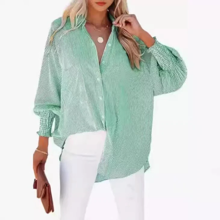 Damen Oversize-gestreifte Leinenoptik-Bluse mit Smokbündchen Nord Taschen