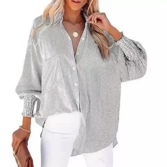 Damen Oversize-gestreifte Leinenoptik-Bluse mit Smokbündchen Nord Taschen