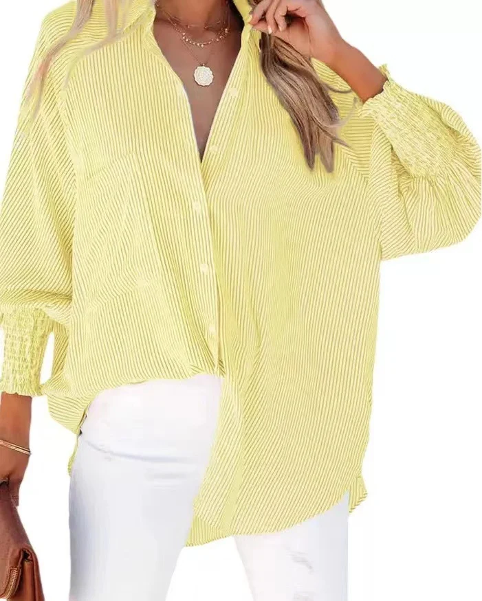 Damen Oversize-gestreifte Leinenoptik-Bluse mit Smokbündchen Nord Taschen