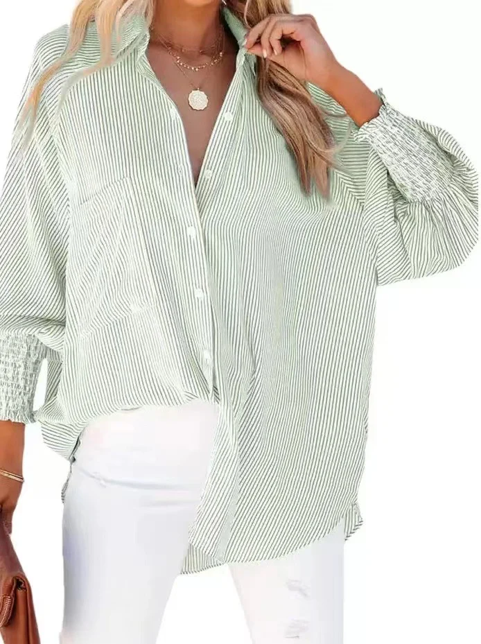 Damen Oversize-gestreifte Leinenoptik-Bluse mit Smokbündchen Nord Taschen