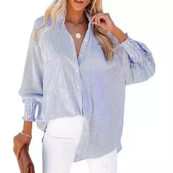 Damen Oversize-gestreifte Leinenoptik-Bluse mit Smokbündchen Nord Taschen