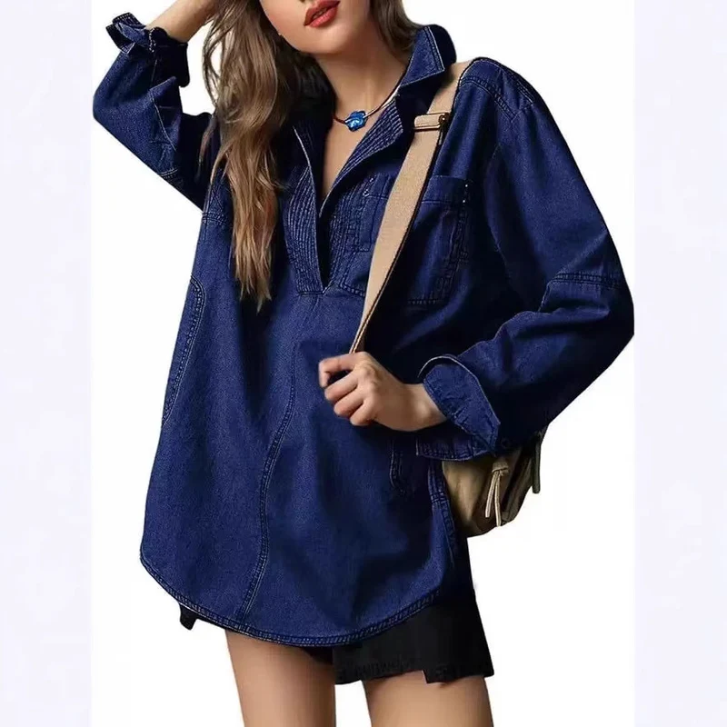 Damen Oversize-Denim-Tunika mit Henley-Ausschnitt und Kängurutasche Nord Taschen