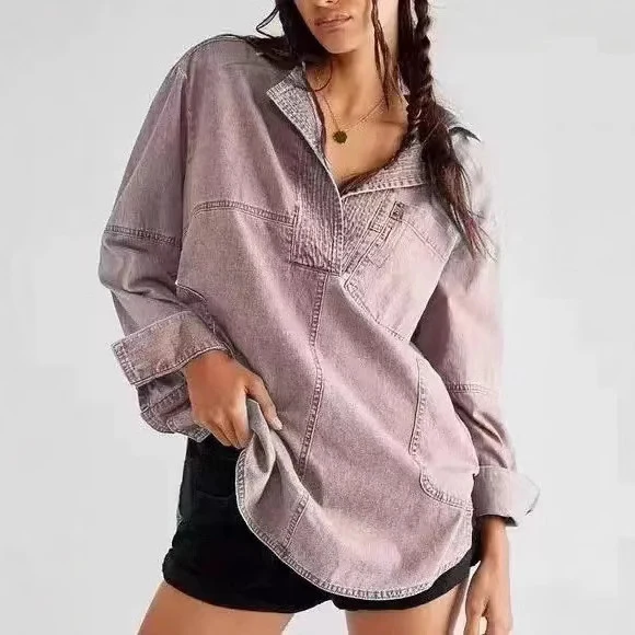 Damen Oversize-Denim-Tunika mit Henley-Ausschnitt und Kängurutasche Nord Taschen