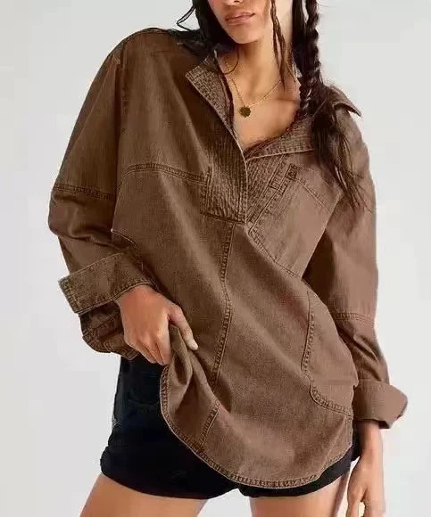 Damen Oversize-Denim-Tunika mit Henley-Ausschnitt und Kängurutasche Nord Taschen