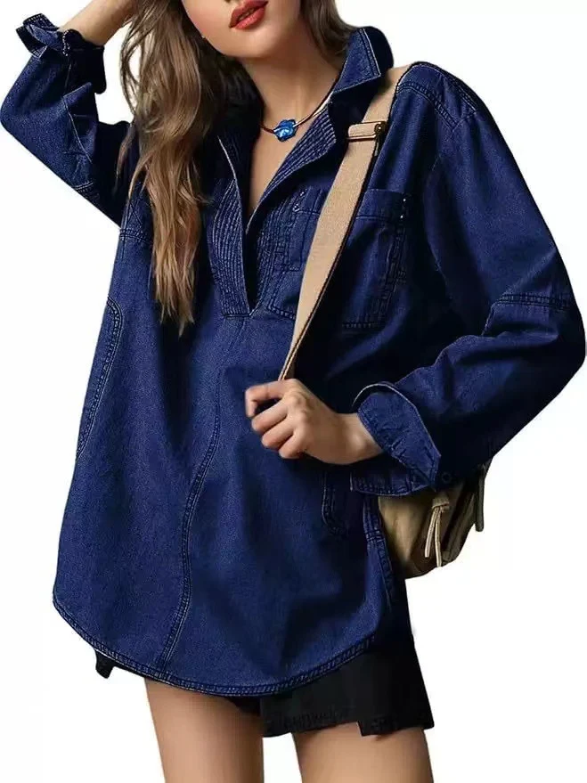 Damen Oversize-Denim-Tunika mit Henley-Ausschnitt und Kängurutasche Nord Taschen