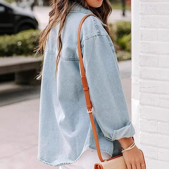 Damen Oversize Denim-Hemdjacke mit aufgesetzten Brusttaschen und lässigem Schnitt Nord Taschen