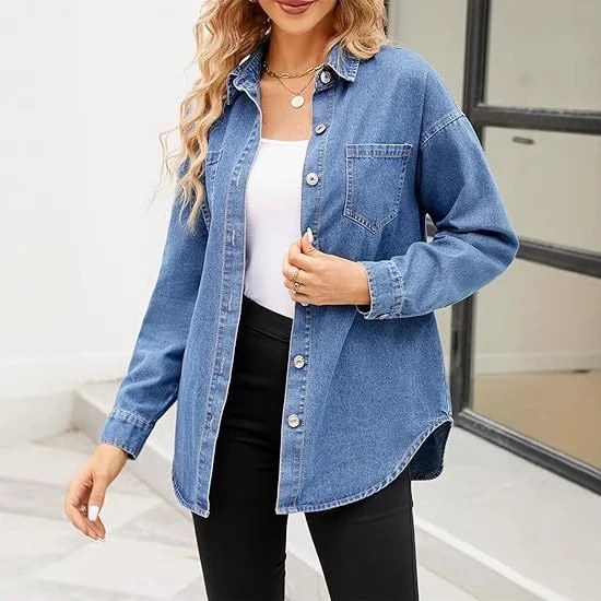 Damen Oversize Denim-Hemdjacke mit aufgesetzten Brusttaschen und lässigem Schnitt Nord Taschen