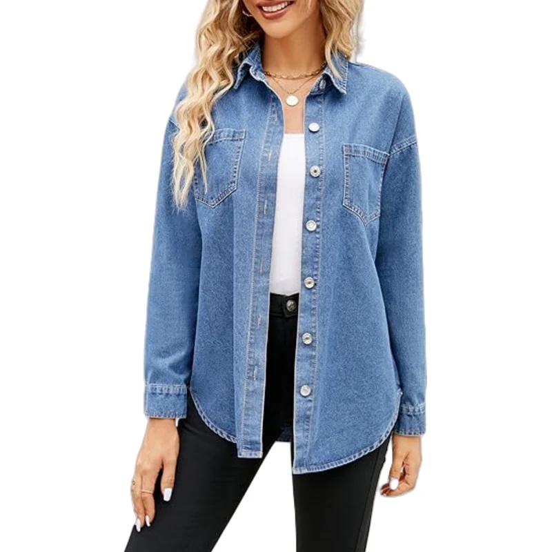 Damen Oversize Denim-Hemdjacke mit aufgesetzten Brusttaschen und lässigem Schnitt Nord Taschen