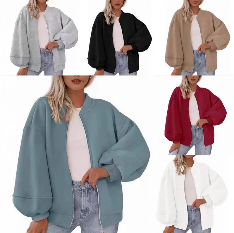 Damen Oversize Bomberjacke mit Ballonärmeln und Reißverschluss Nord Taschen