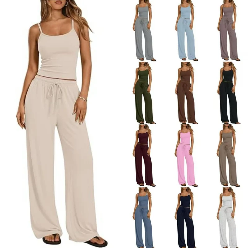 Damen Loungewear-Set aus weichem Viskose-Mix mit Spaghettiträgertop und weiter Jersey-Hose Nord Taschen