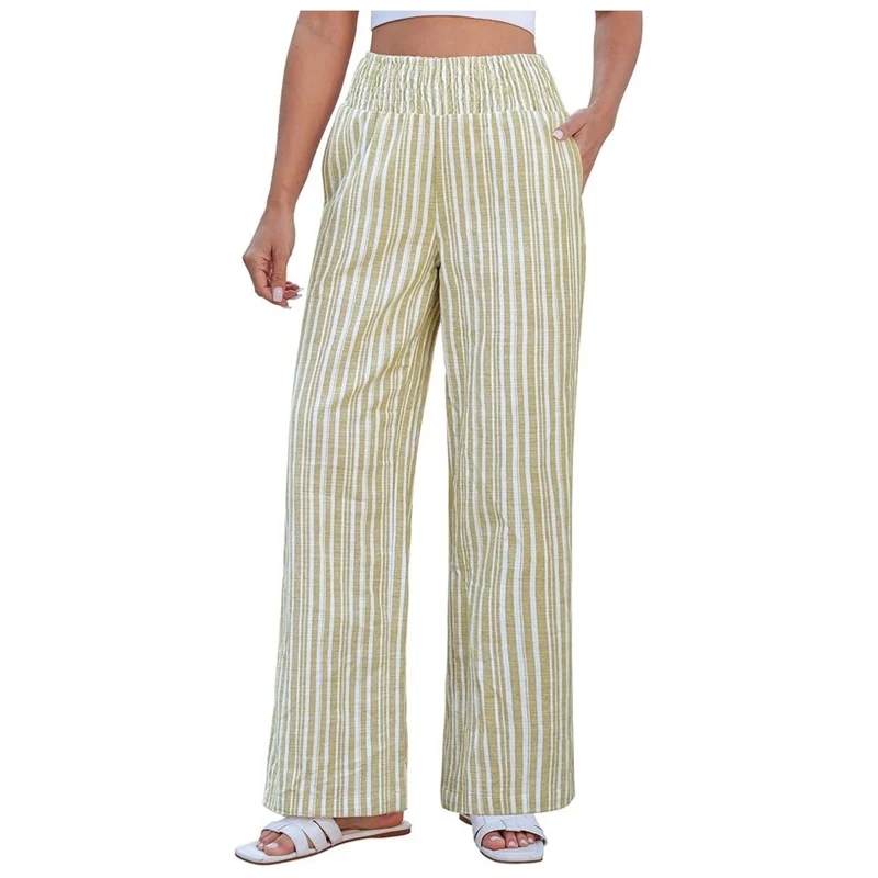 Damen Leichte Leinenhose mit weitem Bein, hoch geschnittener geraffter Gummibund und Seitentaschen Nord Taschen