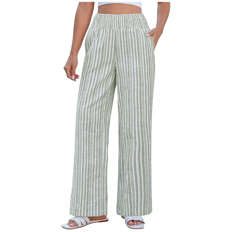 Damen Leichte Leinenhose mit weitem Bein, hoch geschnittener geraffter Gummibund und Seitentaschen Nord Taschen