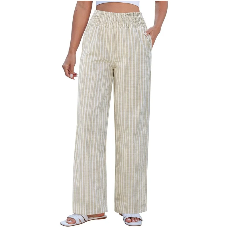 Damen Leichte Leinenhose mit weitem Bein, hoch geschnittener geraffter Gummibund und Seitentaschen Nord Taschen