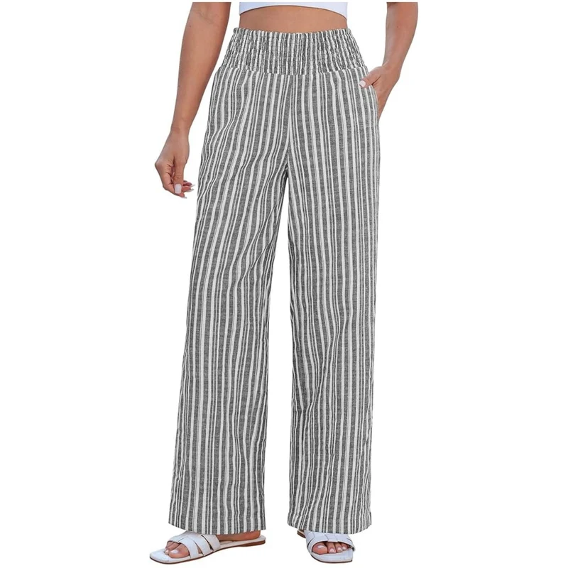Damen Leichte Leinenhose mit weitem Bein, hoch geschnittener geraffter Gummibund und Seitentaschen Nord Taschen