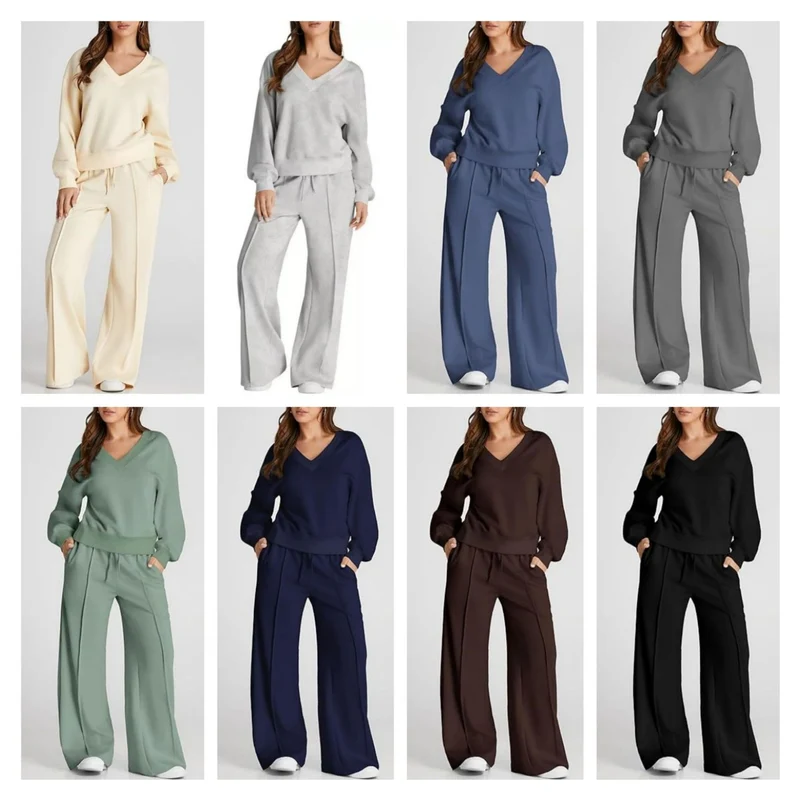 Damen Lässiges V-Ausschnitt Lounge-Set aus weichem Baumwoll-Mix Nord Taschen