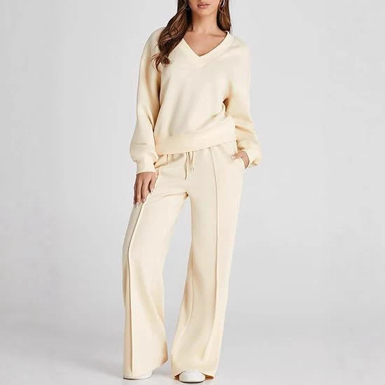 Damen Lässiges V-Ausschnitt Lounge-Set aus weichem Baumwoll-Mix Nord Taschen