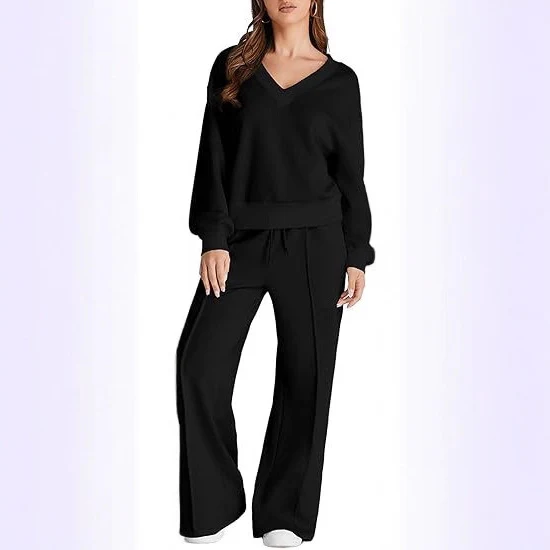 Damen Lässiges V-Ausschnitt Lounge-Set aus weichem Baumwoll-Mix Nord Taschen