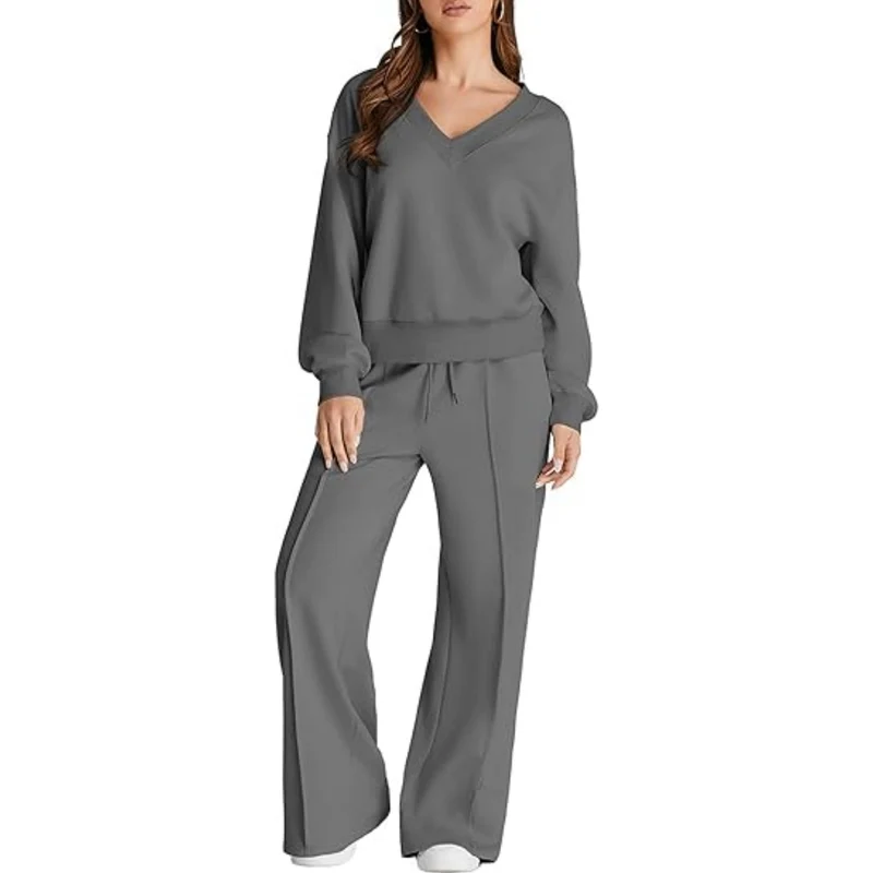 Damen Lässiges V-Ausschnitt Lounge-Set aus weichem Baumwoll-Mix Nord Taschen